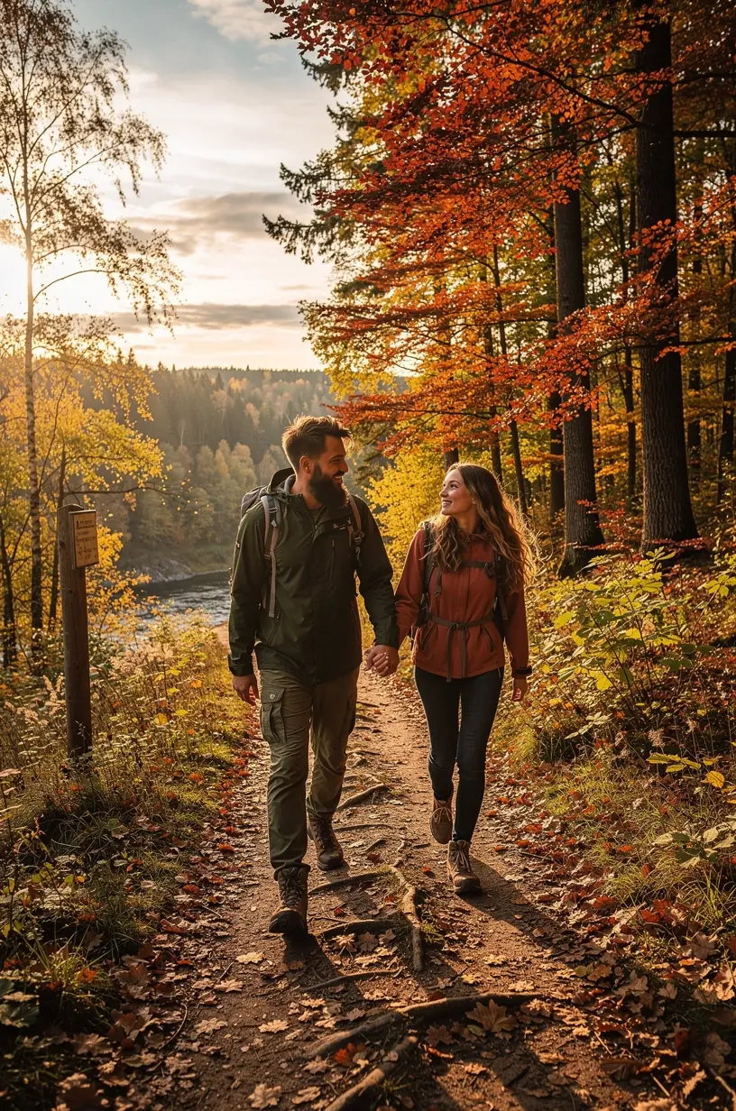 Pārgājiena dalībnieki pauzē pie informatīvās zīmes ar norādēm par takas pieejamību un drošības prasībām.